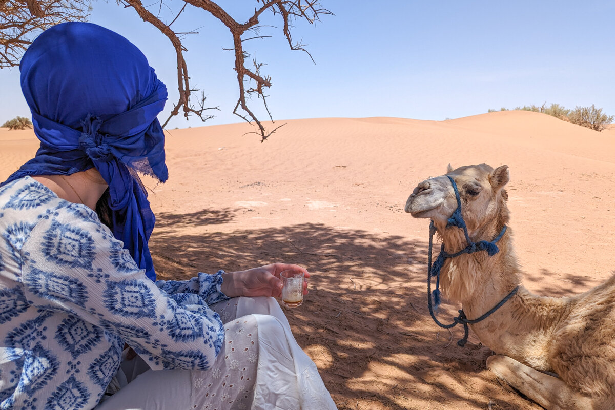 Pause pendant un trek dans le désert du Maroc