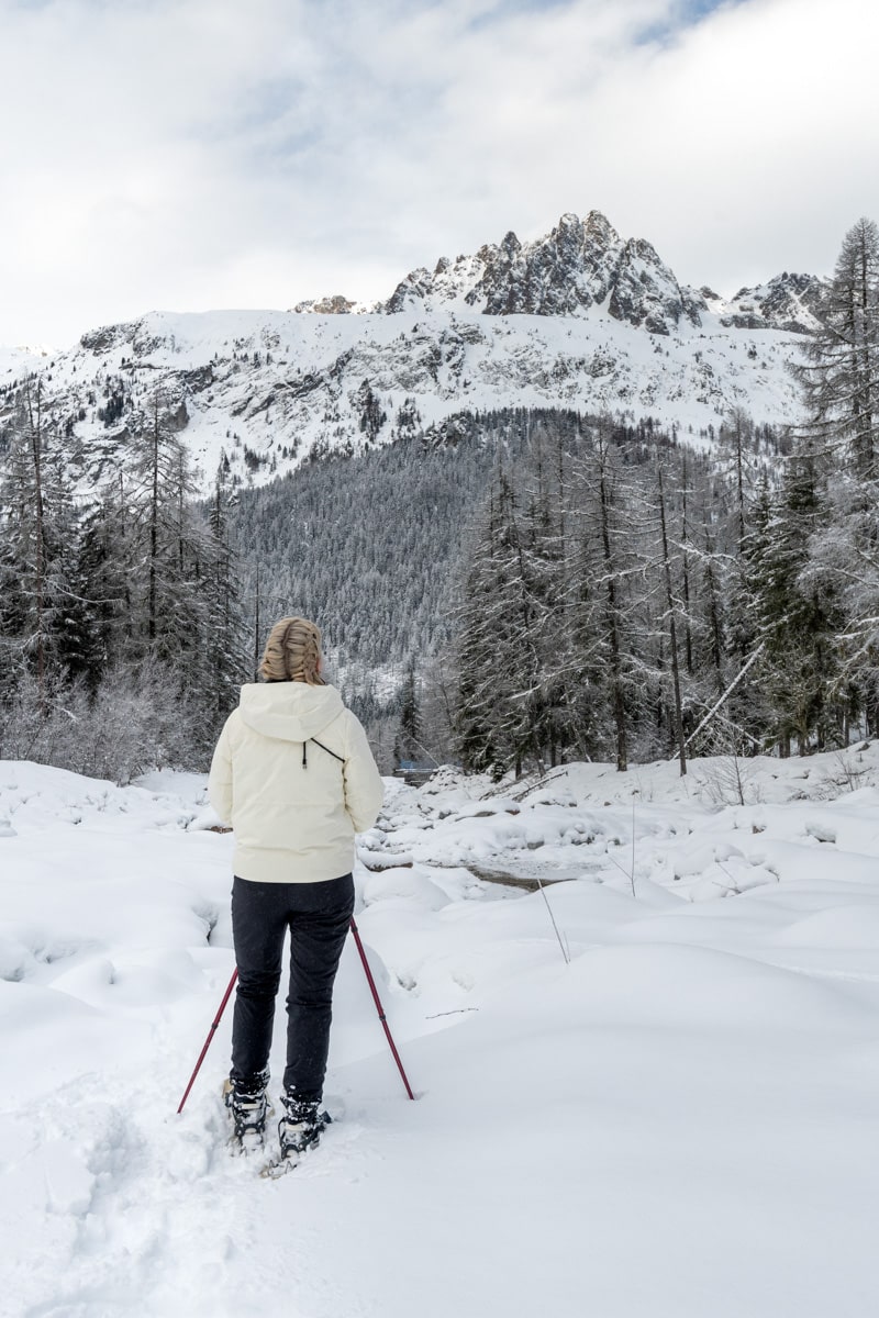 Randonnée en raquettes en face d'une montagne.