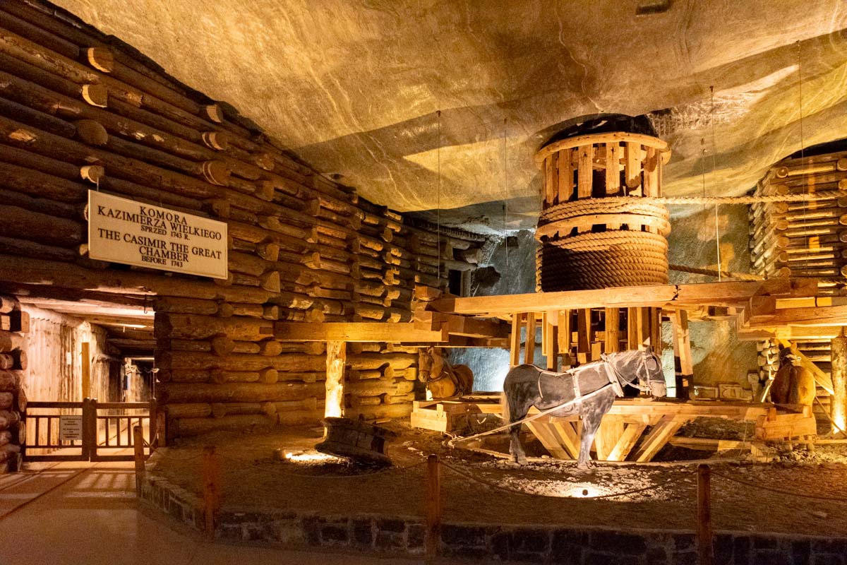 Installation d'extraction avec des chevaux  de sel dans l'ancien temps à Wieliczka 