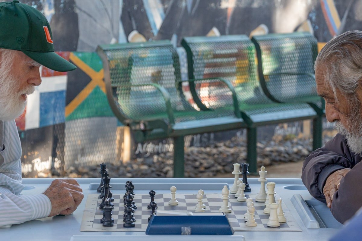 Match entre deux joueurs d'échecs dans un parc