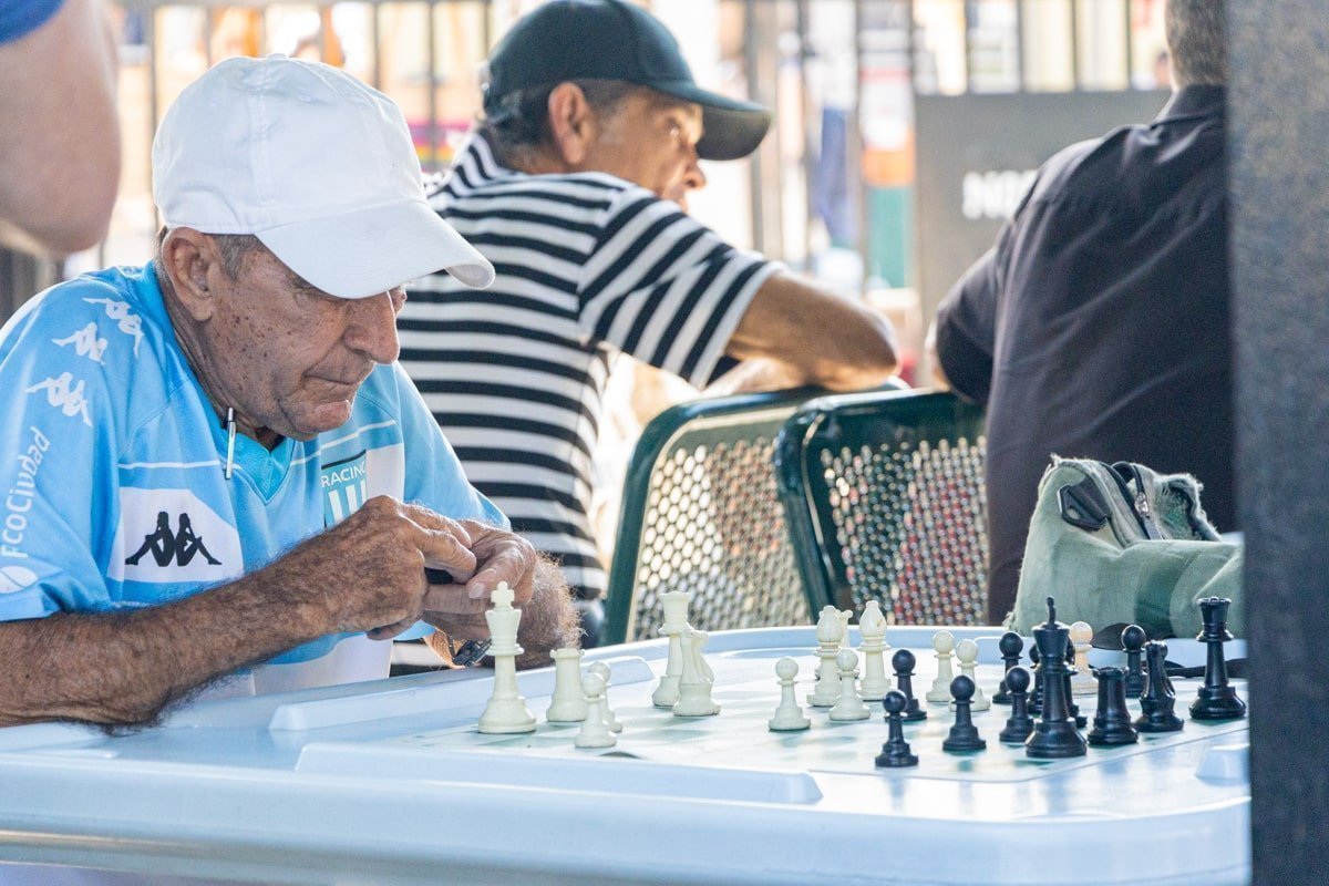 Joueur d'échecs avec échiquier au Domino Park