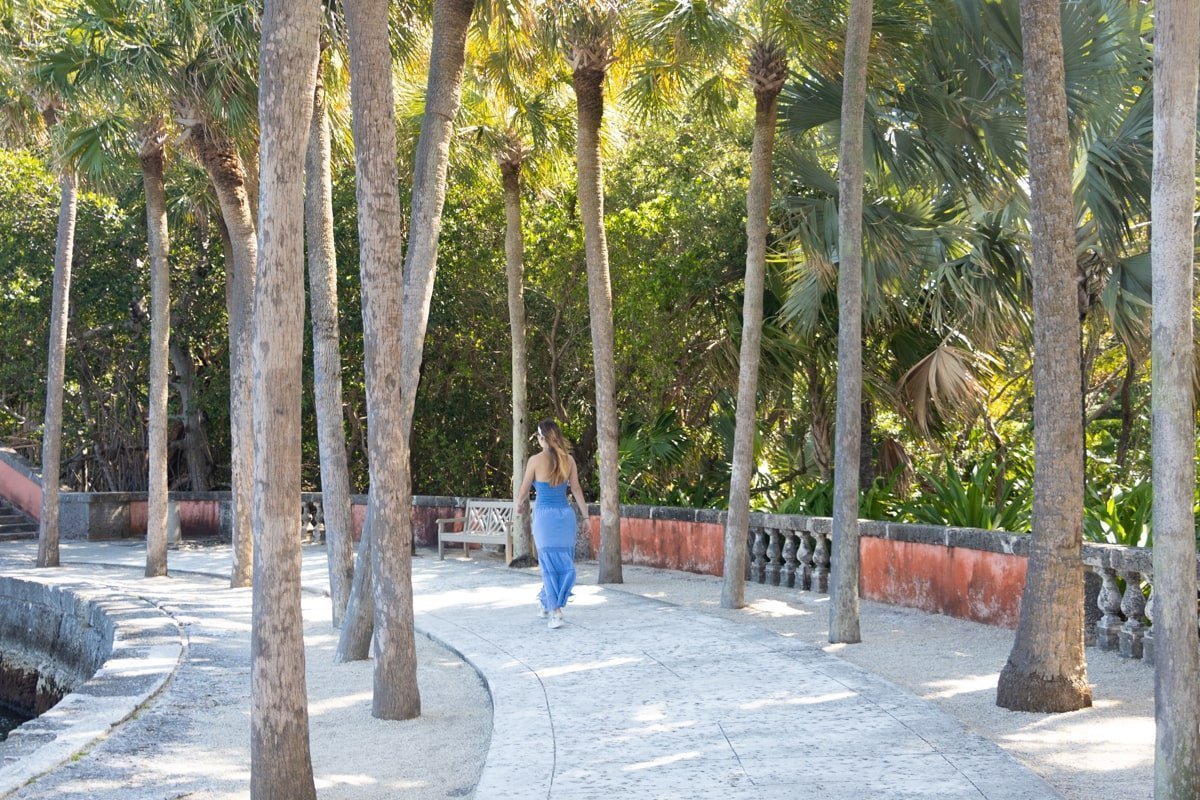 Personne qui marche dans une allée de palmiers