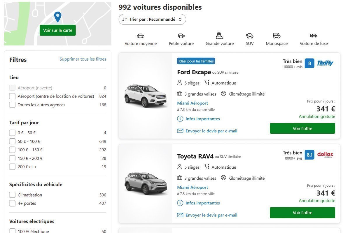 Capture d'écran du site de RentalCars