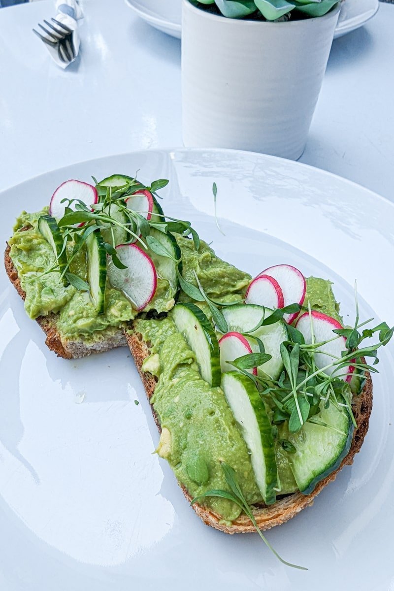 Assiette avec du pain, de l'avocat, des concombres et radis